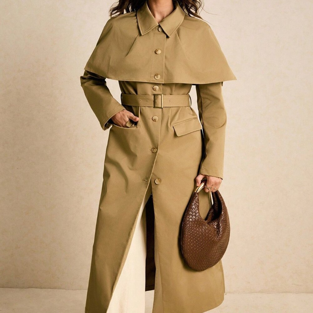 Khaki Women's Casual Longline Cape-Shoulder Storm Flap Overcoat